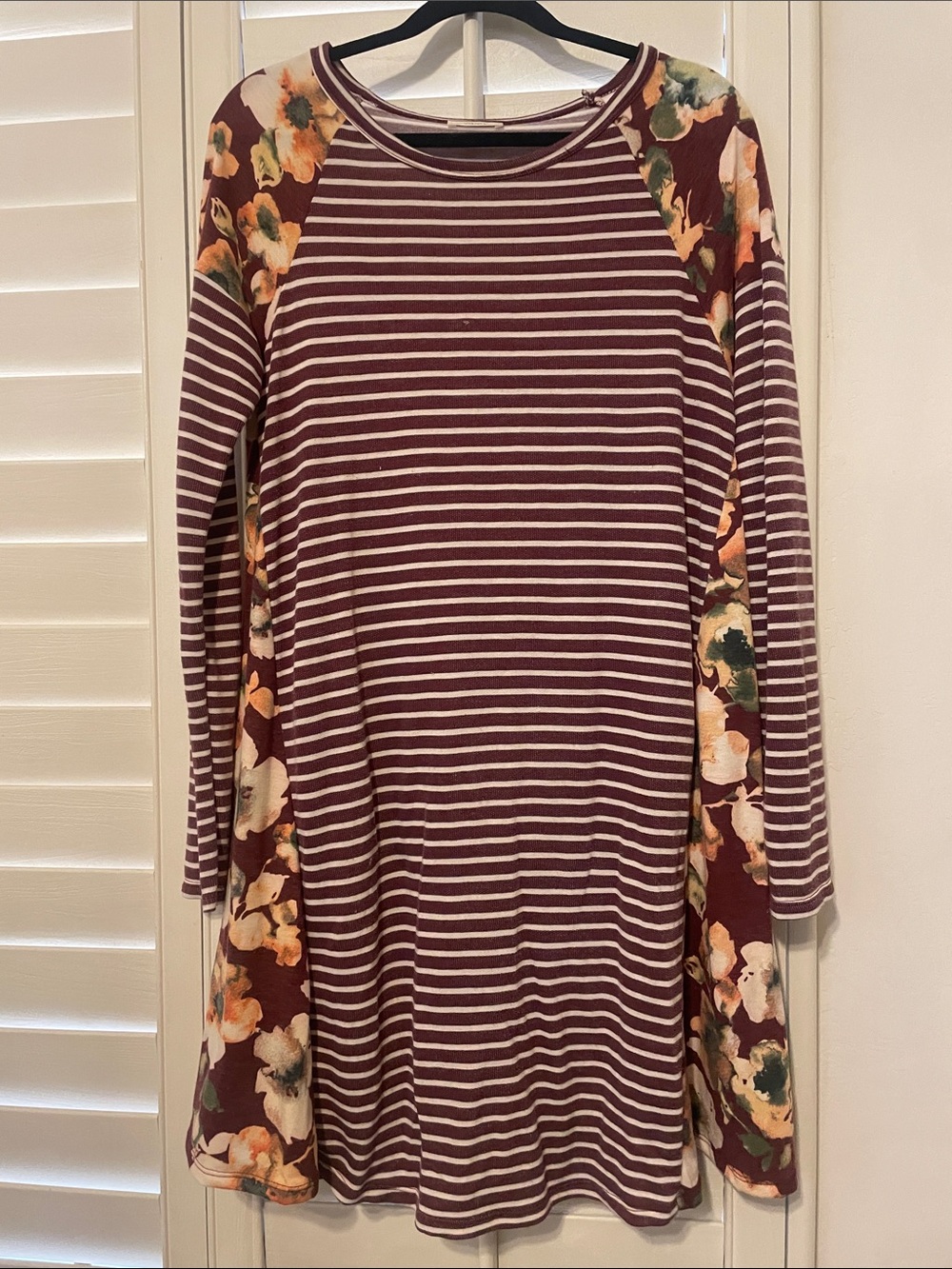 ODDY Burgundy & Cream Striped Floral Raglan Long Sleeve Dress